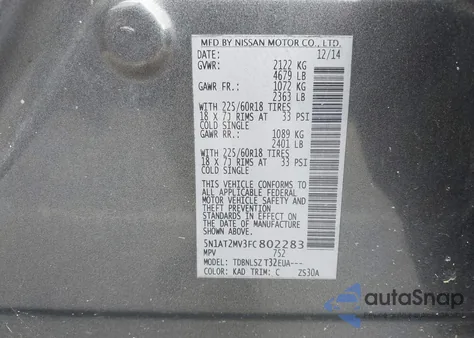 2015 Nissan Rogue Sl from USA, damaged, VIN 5N1AT2MV3FC802283